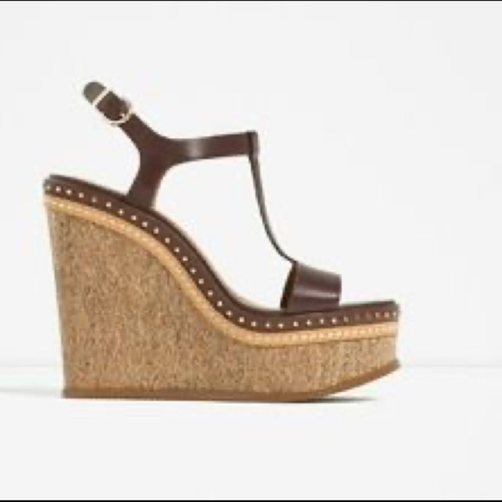 Zara Brown Leather Micro-studded Cork Wedges